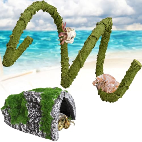 2Pcs Hermit Crab Climbing Toys Set, 39.4 in Bendable Hermit Crab Supplies, Reptile Vine Plus Reptile Hide Cave,Terrarium Accessories for Gecko Frogs Snake Habitat
