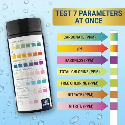 7-in-1 Aquarium Test Strips, 100 Count Fish Tank Water Test Kit for Freshwater, Saltwater & Ponds, Tests pH, Nitrate, Nitrite, Chlorine, GH Hardness and KH Carbonate