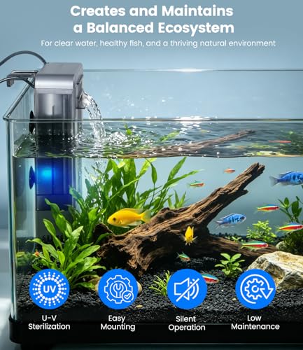 Aquarium Filter with U-V Light, Internal Fish Tank Filter for Up to 30 Gallon, Turtle Tank Filter Bio-Filtration, Ultra-Silent, and Green Water Clean - size: Up to 30 Gallon