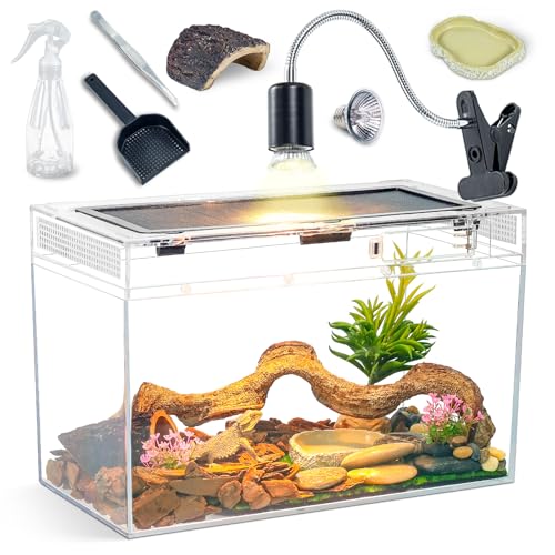 16×10×8'' Reptile Terrarium Kit with Heat Lamp & Hideout for Geckos, Snakes | Complete kit includes spray bottle, shovel, tweezers, food bowl, hideout; ideal for lizards, turtles, spiders, frogs, crabs