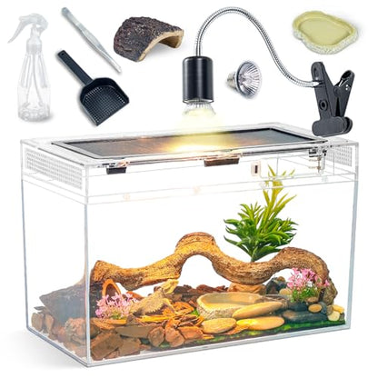 16×10×8'' Reptile Terrarium Kit with Heat Lamp & Hideout for Geckos, Snakes | Complete kit includes spray bottle, shovel, tweezers, food bowl, hideout; ideal for lizards, turtles, spiders, frogs, crabs