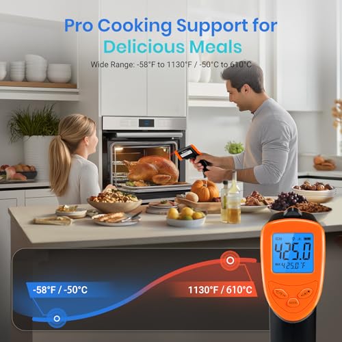 Etekcity Infrared Thermometer Laser Temperature Gun, -58°F~1130°F, Orange | Cooking, Pizza Oven, BBQ, Meat, Kitchen, Reptile, HVAC, Adjustable Emissivity, MAX Display, High Temperature - color: Blaze Orange, style: Advanced
