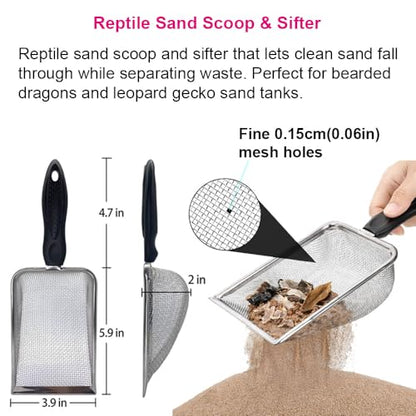 Reptile Sand Scoop Cleaning Kit for Bearded Dragon & Leopard Gecko Tank Accessories – Reptile Sand Sifter, Reptile Litter Scoop, Mini Brush & Dustpan, Hanging Waste Bag Dispenser