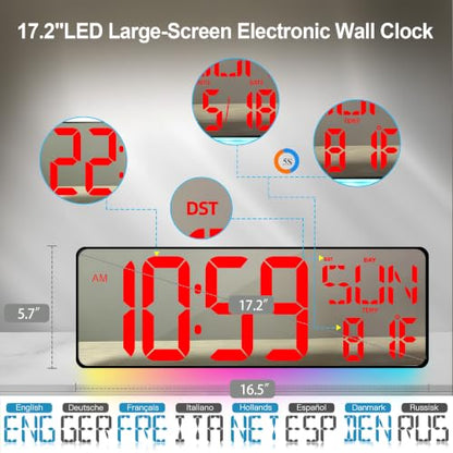17.2-Inch Large Mirror Digital Wall Clock with Remote Control, RGB Mood Light, Extra-Large LED Display, Auto Dimming,Date, Day, Temp, Countdown Timer for Home, Gym, Office and Classroom (Red) - color: Red