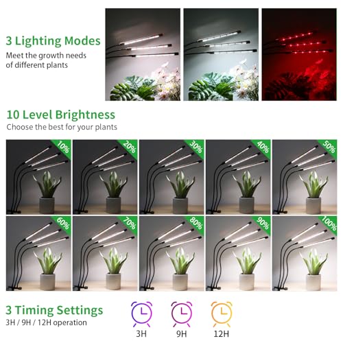 3 Head Grow Lights for Indoor Plants, Upgrade 126 LEDs Clip Plant Lights, Full Spectrum Red White LED Plant Growing Lamps with Flexible Gooseneck, 3/9/12H Timer, 3 Spectral Modes, 10 Dimmable Levels - size: 3 Head 1 Pack