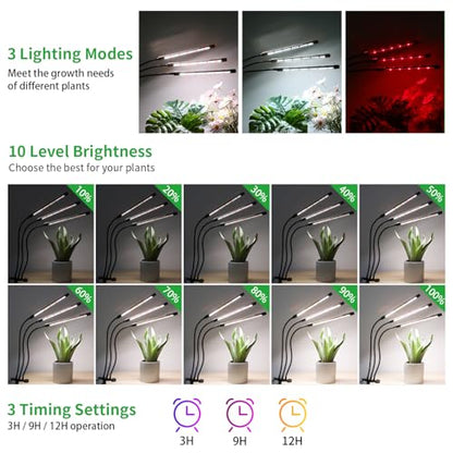 3 Head Grow Lights for Indoor Plants, Upgrade 126 LEDs Clip Plant Lights, Full Spectrum Red White LED Plant Growing Lamps with Flexible Gooseneck, 3/9/12H Timer, 3 Spectral Modes, 10 Dimmable Levels - size: 3 Head 1 Pack