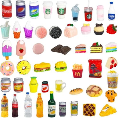 50 Pcs Miniature Food Drink Bottles Soda Pop Cans Pretend Play Kitchen Game Party Accessories Toys Hamburg Cake Ice Cream for 1/12 Doll House (25Food+25Drink) - style: 50 PLAY FOOD