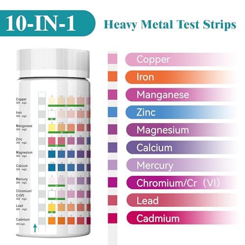 Heavy Metals Water Test Strips (100 Strips) -10in1 Home Water Testing Kit for Iron, Mercury, Lead, Copper, Chromium, Cadmium, Magnesium, Calcium, Manganese and Zinc