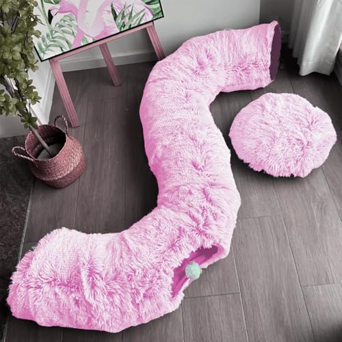 Cat Bed Tunnel Tube Toy Pink Plush | Collapsible Round Tunnels for Indoor Cats, Interactive Toys Play Tubes with Hanging Ball for Kitten, Puppy, Rabbit - color: Pink Plush O