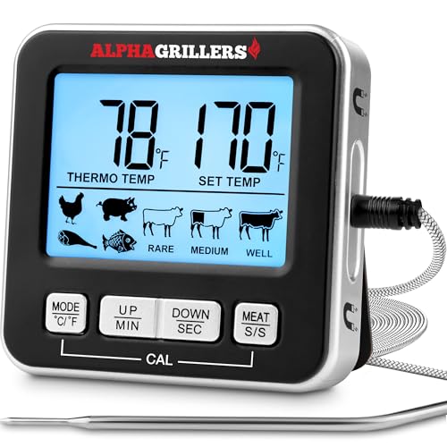 Alpha Grillers Meat Thermometer Digital, Wired Probe for Oven & Grill | 7 Preset Temperature Alerts, Timer & Alarm for Cooking, Baking & BBQ