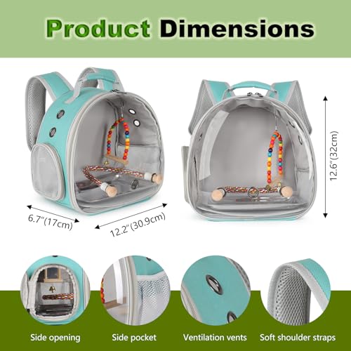 Portable Parrot Travel Cage Carrier with Small Swing Toy&Cage Colorful Toys Set Small Bird Parakeet Bag with Standing Perch Bird Carry Transport Bag (Green, Backpack/Swing) - color: Green, size: Backpack/swing