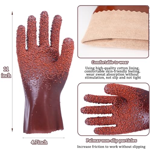3 Pairs Sewer Gloves PVC Coated Non-Slip Oil & Chemical Resistant | 3 PAIRS INCLUDED: PVC coated sewer gloves for drain cleaning, plumbing maintenance, and everyday heavy-duty work - color: 3 Pairs Brown