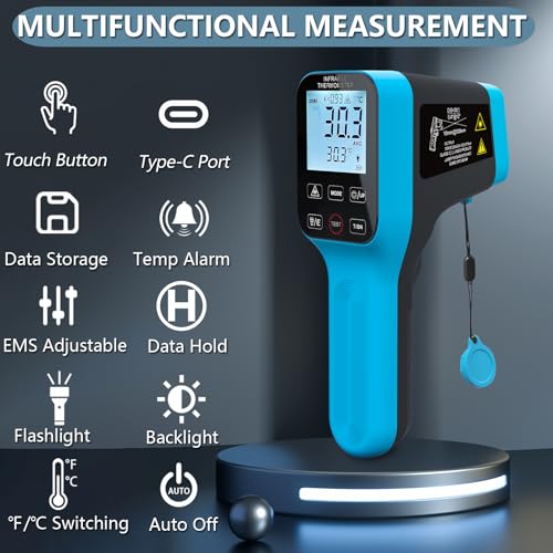 HOLDPEAK Pyrometer D:S=30:1 with Bluetooth, High Temp Infrared Thermometer -58℉~2912℉, Non-Contact Industrial Digital IR Laser Thermometer Gun with Waterproof Touch Button (NOT for Human)