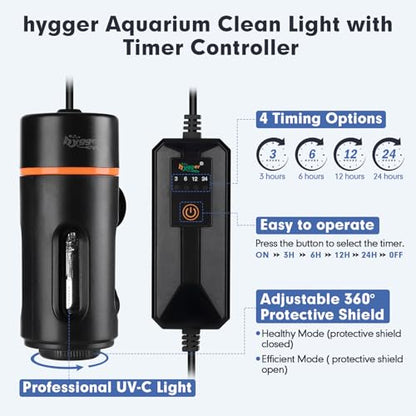 hygger Aquarium U-V Light with Timer, 360° Protective Shield Clean Light for Green Water and Algae Clean, Mini Algae Control Lamp for Freshwater and Saltwater Tank (3W for 5-25 Gallon) - size: 3W for 5-25 Gallon