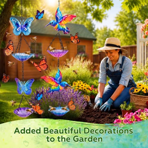 Tandefio 2 Pack Hanging Bee Watering Station, Butterfly Feeder, Flower Shaped Bowl Bee Metal Cups for Outdoor Garden Yard Decor, Pollinator Feeding Station 19.6 Inch (Butterfly & Hummingbird Style) - style: Butterfly & Hummingbird Style