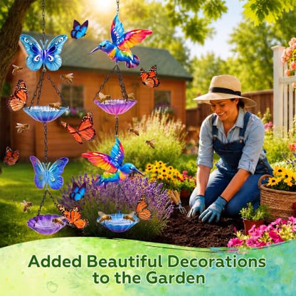 Tandefio 2 Pack Hanging Bee Watering Station, Butterfly Feeder, Flower Shaped Bowl Bee Metal Cups for Outdoor Garden Yard Decor, Pollinator Feeding Station 19.6 Inch (Butterfly & Hummingbird Style) - style: Butterfly & Hummingbird Style