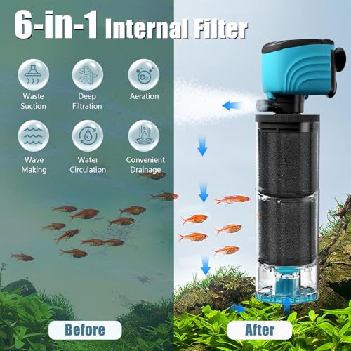 Submersible Aquarium Filter, Upgraded 50-150 Gallon Fish Tank Filter with Fish Guard, Internal Whisper Pump for Turtle Tank, Fresh/Saltwater, Debris Tray, Check Valve, 12-Inch