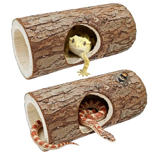 2Pcs Reptile Hide Cave,Wood Crested Gecko Hollow Tree Trunk Hideout,Snake Shelter Hiding Climbing Toys Sleeping Cave Terrarium Decor Tank Accessories for Lizard,Tarantula