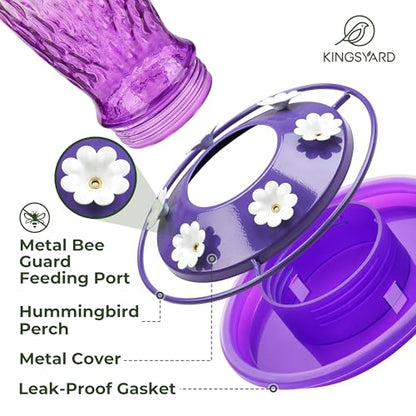 Kingsyard Glass Hummingbird Feeder for Outdoors with Ant Moat | 24 oz, Wide-Mouth Opening, 6 Metal Feeding Ports, Bee Guard, Easy to Clean & Refill Nectar, 360 Degree Perch, Pink & Purple - color: Pink & Purple