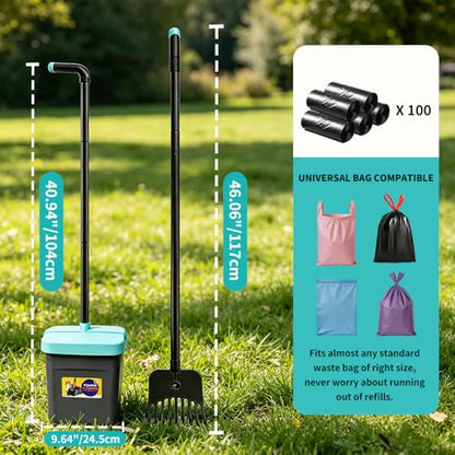 Pooper Scooper, 46" Long Handle Heavy Duty Picker-Upper, Swivel Bin Rake Kit with Bag Attachment, 100 Waste Bags for Small Large Dogs Puppy Poop Trash Litter Cleanup Yard Outdoor Pet Essentials - color: Gray & Turquoise Blue