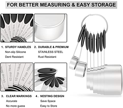 Measuring Cups & Spoons Set of 16, Wildone Stainless Steel Measuring Cups and Measuring Spoons with Black Silicone Handle, Including 8 Nesting Cups, 8 Spoons, for Dry and Liquid Ingredient - color: Black