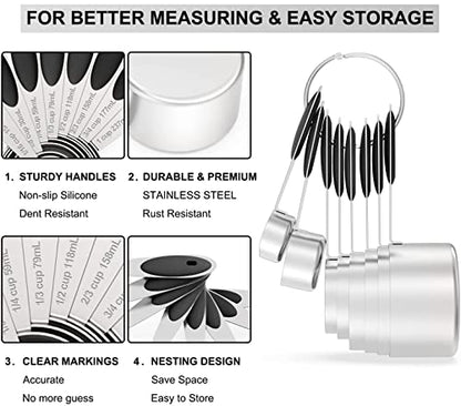 Measuring Cups & Spoons Set of 16, Wildone Stainless Steel Measuring Cups and Measuring Spoons with Black Silicone Handle, Including 8 Nesting Cups, 8 Spoons, for Dry and Liquid Ingredient - color: Black