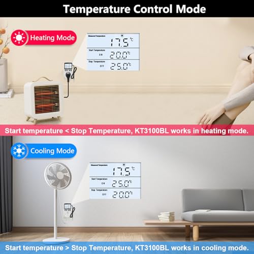 KETOTEK Digital Temperature Controller Thermostat Outlet Plug 120V with LCD Backlight, Heating Cooling Temperature Controlled Outlet 110V 15A with 3m Sensor - style: Backlit Style