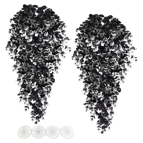 Hamiledyi Fake Reptile Plants 2 Pack Hanging Fake Plants, Plants for Reptiles with Suction Cup, Fake Amphibian Plants for Bearded Dragon Lizard Geckos Chameleon Tank (Black and White) - color: Black and White, size: 2 PCS