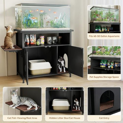Verano Garden 40-50 Gallon Fish Tank Stand, Aquarium Stand, White | Cat Litter Box Enclosure, Storage Shelf, Cat Perch, Removable Divider, Scratch Mat, 36.2"x20.5" Tabletop, 660 LBS Capacity - color: Black