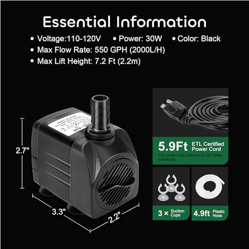 GROWNEER 2 Packs 550GPH Submersible Pump 30W Ultra Quiet Fountain Water Pump, 2000L/H, with 7.2ft High Lift, 3 Nozzles, 4.9 Feet Tubing for Aquarium, Fish Tank, Pond, Hydroponics, Statuary - size: 8.2x5.7in
