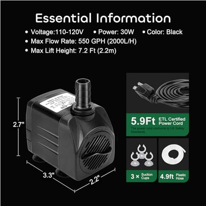 GROWNEER 2 Packs 550GPH Submersible Pump 30W Ultra Quiet Fountain Water Pump, 2000L/H, with 7.2ft High Lift, 3 Nozzles, 4.9 Feet Tubing for Aquarium, Fish Tank, Pond, Hydroponics, Statuary - size: 8.2x5.7in