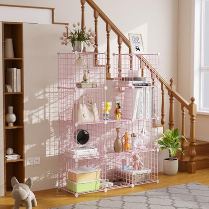 C&AHOME Wire Cube Storage, 12 - Cube Organizer Metal C Grids, Closet, Pink | Modular Shelves Units Storage Bins Shelving Bookshelf Shelf Cabinet - color: Pink