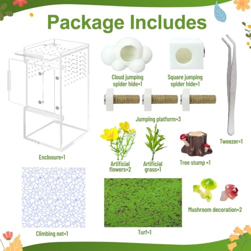 Jumping Spider Enclosure,DIY Insects Habitat,Small Reptile Terrarium Glass House Accessories Set,with Jumping Platform Hide Climbing Net(Green 2) - color: Green 2