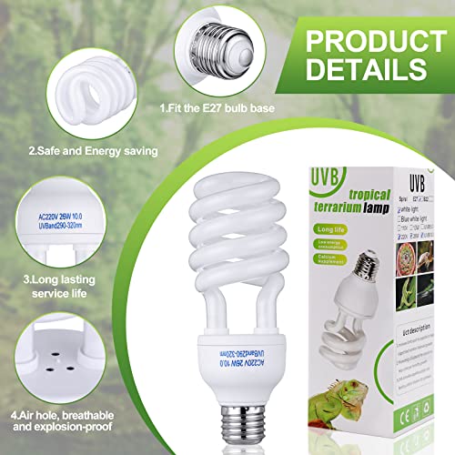 Reginary 4 Pcs Uvb Reptile Light 10.0 26 W, Reptile Uvb Bulb for Desert Tropical Sub Tropical Fluorescent Simulation Color Light for Turtle, Bearded Dragon, Lizard, Gecko