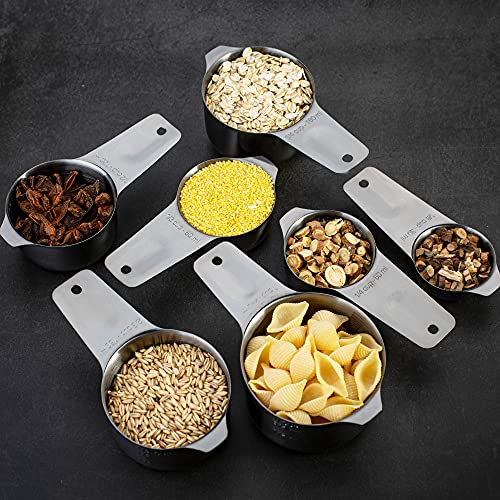 7-Piece 18/8 Stainless Steel Measuring Cups Set, Dark Gray | Includes 1/16, 1/4, 1/3, 1/2, 2/3, 3/4 and 1 Cup, Engraved US and Metric Markings, Pour Spouts and Ring Connector - color: Dark Gray, size: 7 Piece