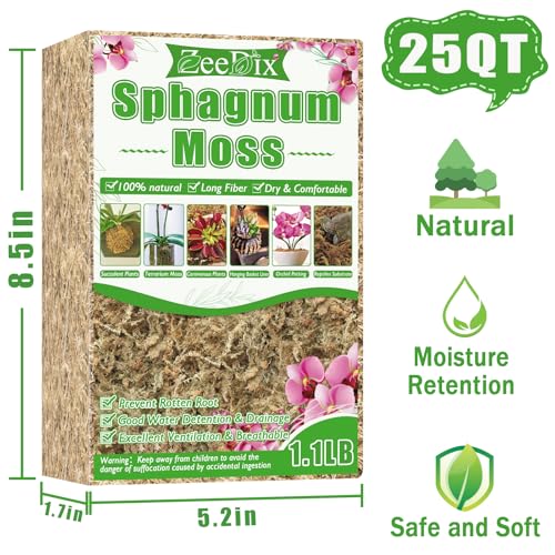 1.1 lb Sphagnum Moss for Plants Indoor, Natural Long Fiber Sphagnum Orchid Moss Bulk for Carnivorous Plants, Succulents, Monstera, Flower & Reptile Terrariums Habitats (Expands to 25 qt) - size: 1.1 pounds