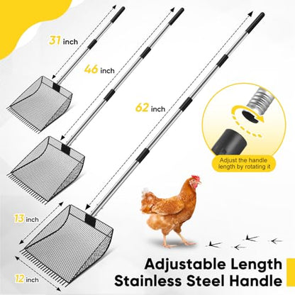 Large 12-inch Chicken Poop Scooper Rake, Durable Metal Poop Scoop for Chicken with 24 to 68" Adjustable Stainless Steel Handle, Litter Scooper for Sand Sifting Shovel for Animals House