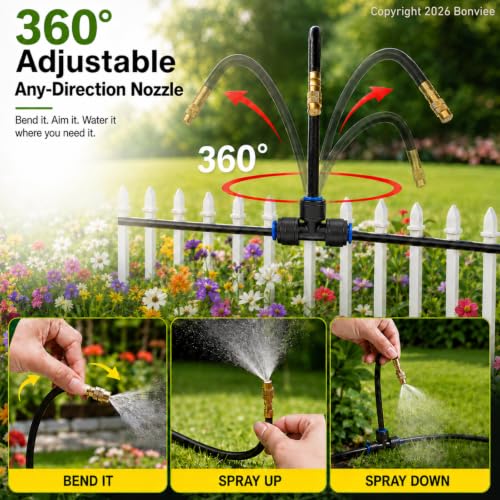 120Ft 1/4" Drip Irrigation System, 360° Adjustable Brass Nozzles, Save 80% Watering Garden Kit, DIY Tool-Free Quick Connect Sprinklers for Outdoor Plants, Landscape, Raised & Flower Beds, Greenhouse - size: 120 feet