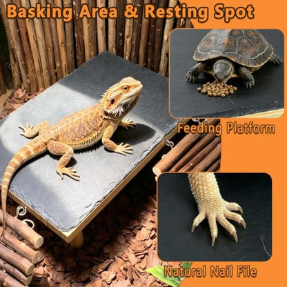 Bearded Dragon Basking Platform with Climbing Ramp,Reptile Basking Rock (L) | Wooden Lizard Resting Platform Basking Rock Slate,Leopard Gecko Hide Cave Tank Accessories for Tortoise Snake - size: L: 11.8" x 7.9" x 4.56"