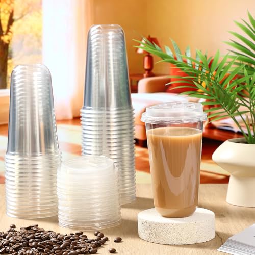 Baderke 100 Sets 18 oz Clear Plastic Cups with Lids,Sturdy Iced Coffee Cups with lids, Disposable Plastic Smoothie Cup for Cold Drinks - size: 18oz