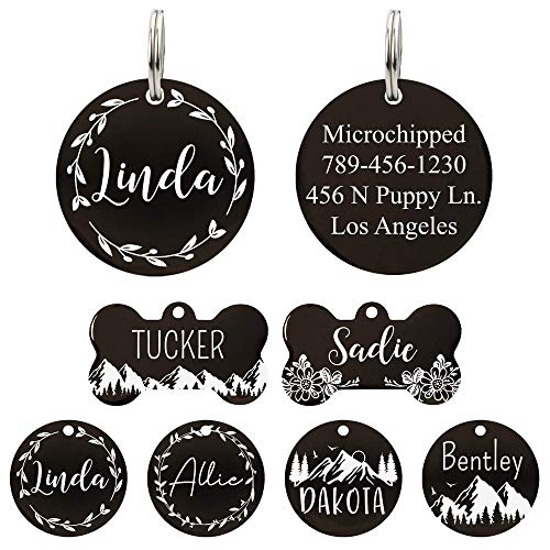 UltraJoys Stainless Steel Pet ID Tag Dog Name Tags Personalized Front and Back Engraving, Customized Dog Tags and Cat Tags, Optional Engraved on Both Sides, Round Tag with Vine Design, Small Black - color: Black-round-vine1, size: Small