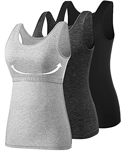 AMVELOP Tank Tops for Women Built in Bra Cotton Shelf Bra Tanks Layering Undershirts 2-3 Pack - color: 3 Pack-black Dark Gray Lightgray, size: X-Large