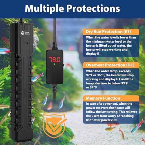 AquaMiracle Submersible Aquarium Heater with LED Digital Temp Display, Fish Tank Heater with Dry-Run & Over-Temp Protection, for Freshwater Saltwater Aquariums(500W/75-120Gal) - size: For 75-120 Gal Tank