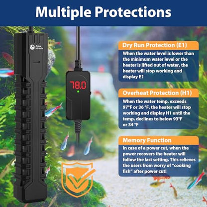 AquaMiracle Submersible Aquarium Heater with LED Digital Temp Display, Fish Tank Heater with Dry-Run & Over-Temp Protection, for Freshwater Saltwater Aquariums(500W/75-120Gal) - size: For 75-120 Gal Tank