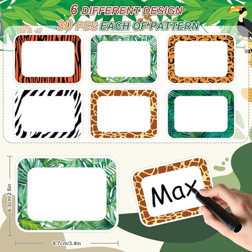 JarThenaAMCS 180 Pcs Animal Print Name Tag Stickers Self-Adhesive Africa Safari Tropical Leaves Nameplates Leopard Label Decals for Back to School Students Teacher Desk Classroom, 3.4 x2.5 Inch - style: Animal Print