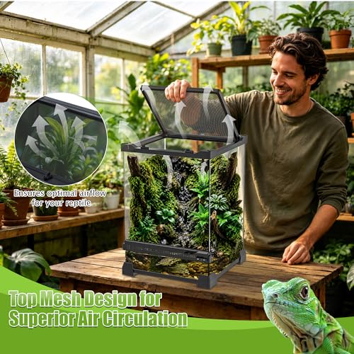 Vertical Glass Reptile Enclosure Terrarium, 10" x 10" x 14" | 6 Gallon Fully Assembly & Front Opening Habitat Tank for Crested Geckos, Tree Frogs & Small Arboreal Reptiles - size: 10" x 10" x 14"