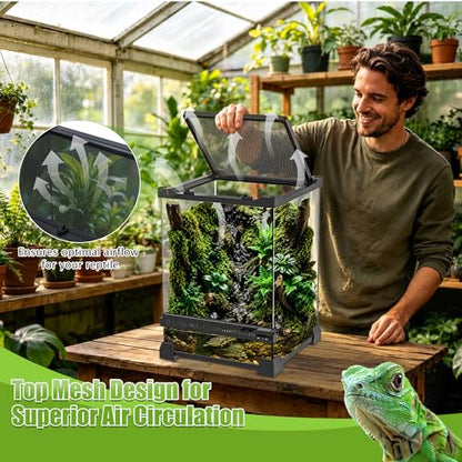 Vertical Glass Reptile Enclosure Terrarium, 10" x 10" x 14" | 6 Gallon Fully Assembly & Front Opening Habitat Tank for Crested Geckos, Tree Frogs & Small Arboreal Reptiles - size: 10" x 10" x 14"
