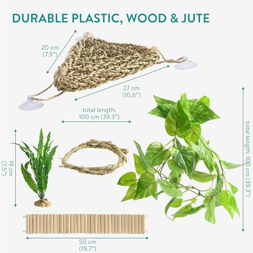 Navaris Bearded Dragon Habitat Essentials - Tank Accessories Set of 5 - Reptile Hammock Adjustable Wooden Ramp DIY Rope Plants - Ideal for Lizard & Gecko Tank
