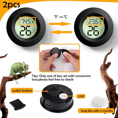 Reptile Tank Accessories, 2 PCS Reptile Thermometer and Humidity Gauge for Bearded Dragon, Jumping Spider, Leopard Gecko, Hermit Crab, Gecko, Ball Python, Lizard - color: Black Round