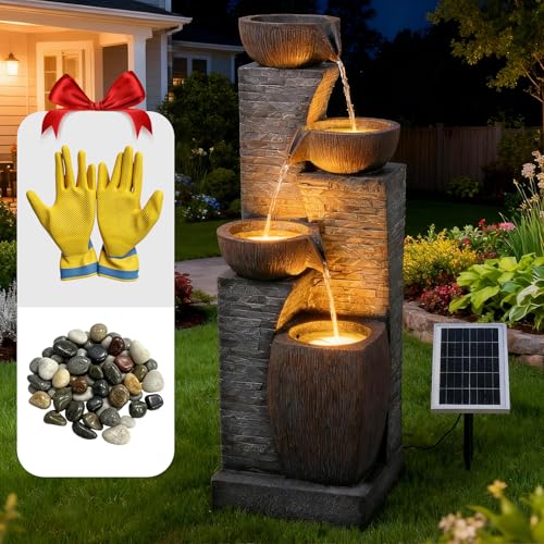 Outdoor Water Fountain,Stone Texture Modern 4 Tiers Cascading Bowls Garden Fountains Outdoor,Suit for Patio, Deck, Porch, Lawns, Backyard and Home Art Decor - color: Gray 38.2" Solar Powered